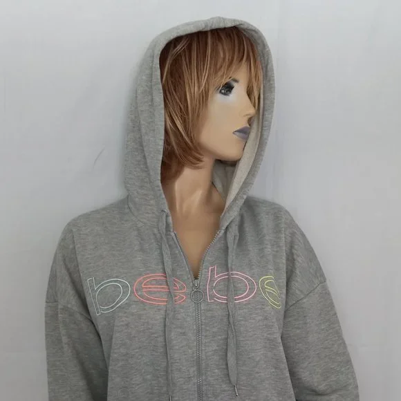 Nwt $104 BEBE Multi Color Logo Full Zip Hooded  Sweatshirt Heather Grey Sz 2X - Picture 5 of 8